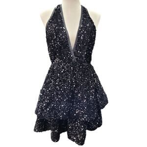 NWT Size 2 Black Sequin V-Neck Halter Dress with Open Back
